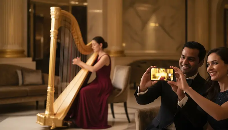 Guests filming a harpist on their phones at an evening event in Dubai