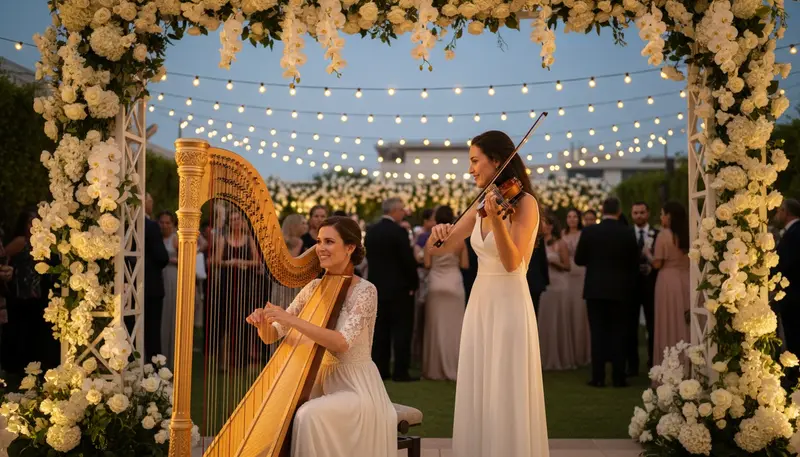 Harp and violin duo playing together at a wedding reception in Dubai