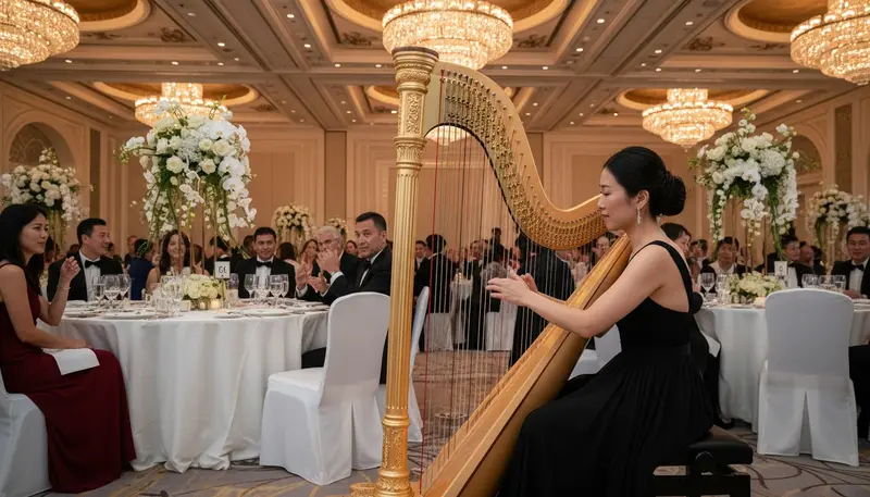 Harpist in a black gown playing at a gala dinner in a Dubai hotel ballroom