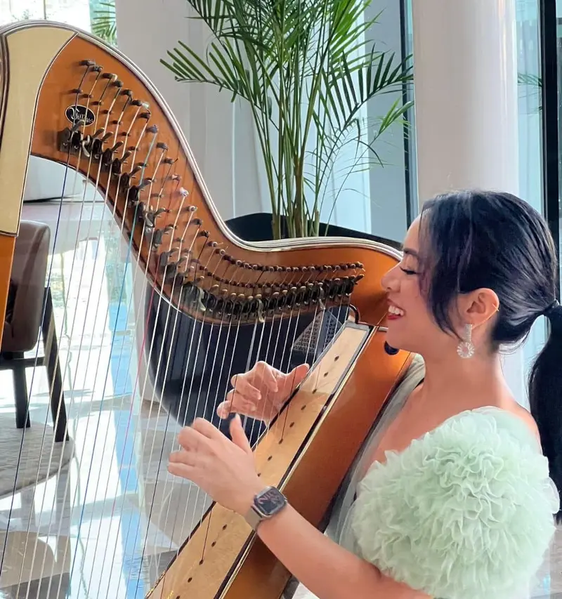 Harpist in a mint tulle gown playing a wooden harp by a tall window