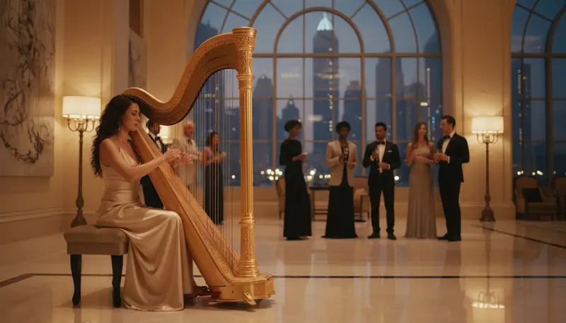 Harpist playing a golden concert harp at an evening reception in a Dubai hotel