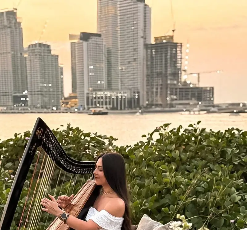 Harpist playing by the water with a city skyline behind her at sunset