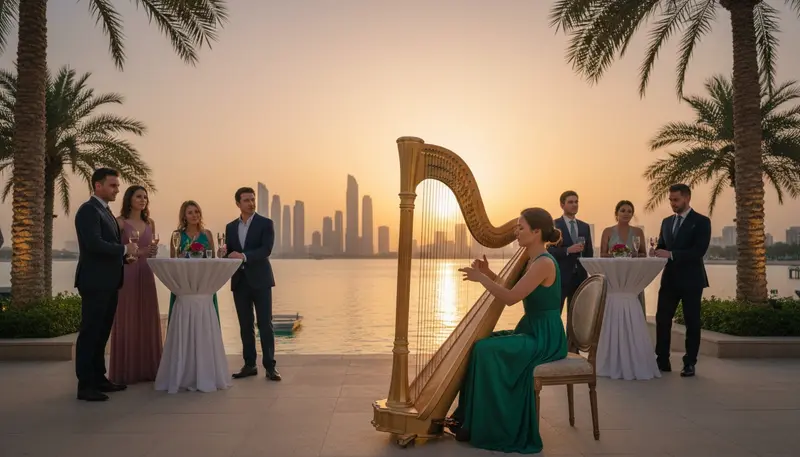 Harpist playing on a waterfront hotel terrace in Abu Dhabi at sunset