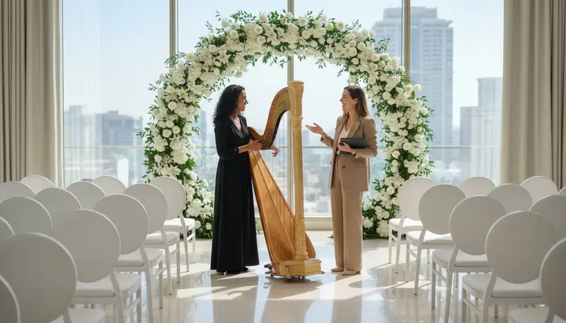 Harpist talking with an event planner beside her harp at a Dubai wedding venue