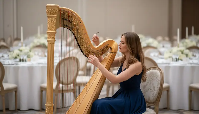 Harpist tuning a concert harp before guests arrive at a Dubai event venue