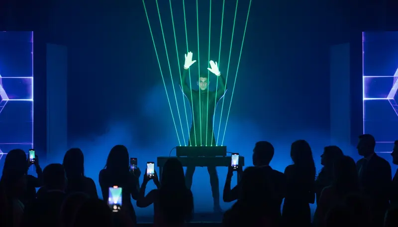 Laser harp show on a dark stage with green beams rising over the crowd at a Dubai event