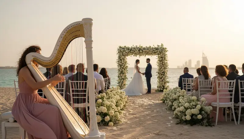 Wedding harpist playing beside a flower aisle at a beach ceremony in Dubai